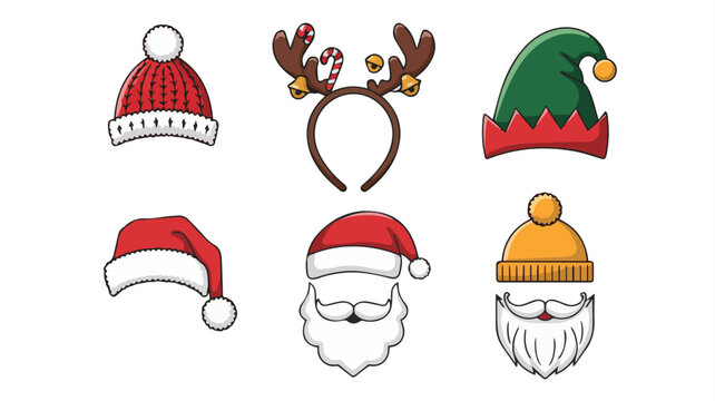 A christmas themed image showing santa hats, reindeer antlers and an elf hat on a light blue background