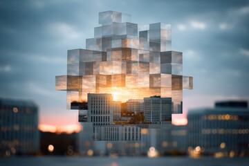 As glass blocks disintegrate into space, the scene captures the dynamic flow and reformation of data in a tech driven world.