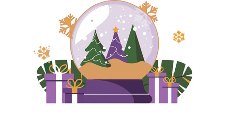 Illustration of a snow globe with christmas trees gifts and snowflakes on an orange background
