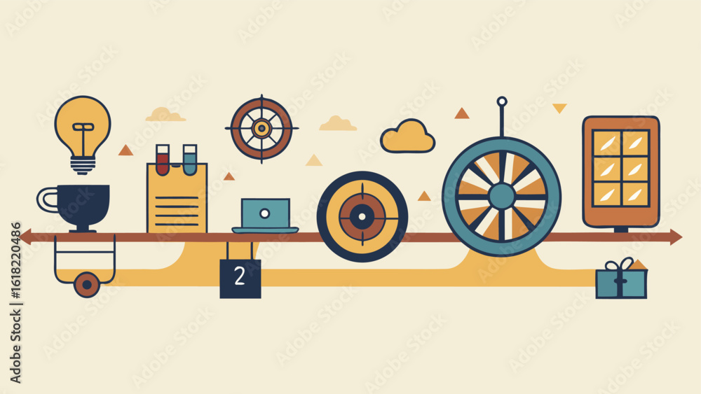 Poster creative workflow timeline with idea generation,experimentation,target goal,spinning wheel of fortun
