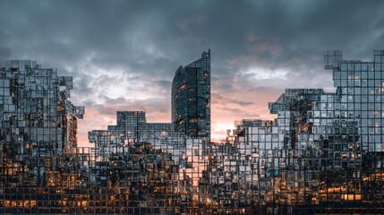 As glass blocks disintegrate into space, the scene captures the dynamic flow and reformation of data in a tech driven world.