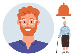 Young man with red hair and glasses smiling, elderly woman with cane wearing a blue sweater, and red bell symbol. Ideal for support, caregiving, assistance, communication, notifications, family