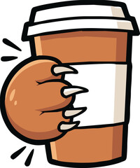 A cartoon bear paw with sharp claws gripping a disposable coffee cup.