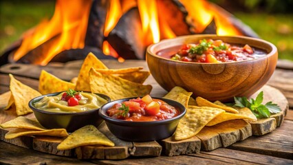 A vibrant bowl of spicy red tomato salsa with corn tortilla chips, perfect for a delicious and healthy vegetarian meal or appetizer
