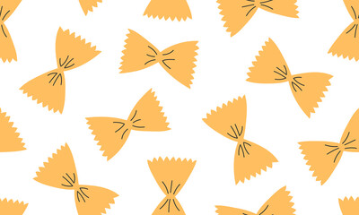 Seamless pattern with Italian pasta. Pasta farfalle. Italian food  background. Hand drawn flat vector illustration