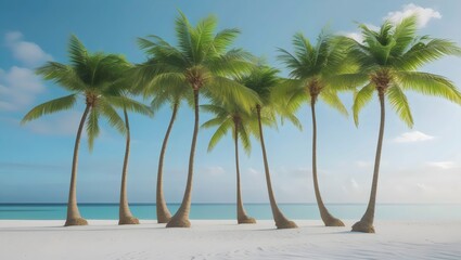 Tropical Paradise: Serene White Sand Beach with Tall Palm Trees and Clear Blue Ocean
