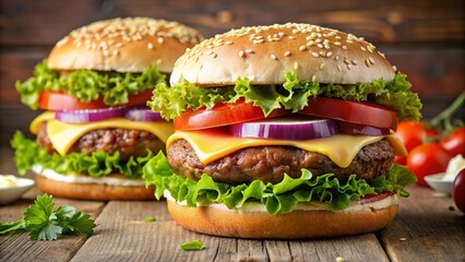 A delicious, isolated beef cheeseburger with lettuce, tomato, and onion on a sesame bun, perfect for a fast food lunch or dinner