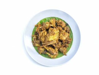 Minced duck meat with sweet and spicy spices isolated on white background, Flat lay 