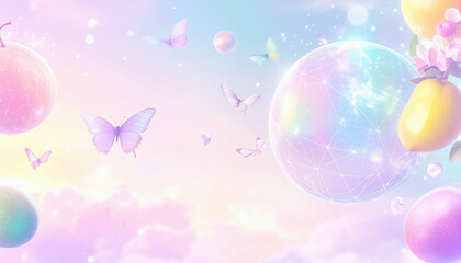 A surreal banner design for a futuristic dream market - floating translucent fruits orbiting a glowing, geometric planet in a pastel sky, with abstract creatures trading invisible currencies.