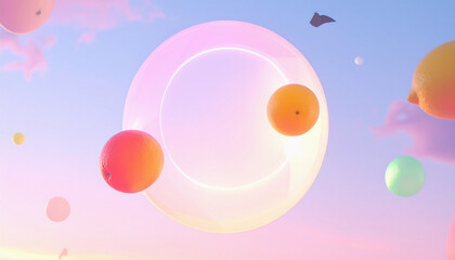 A surreal banner design for a futuristic dream market - floating translucent fruits orbiting a glowing, geometric planet in a pastel sky, with abstract creatures trading invisible currencies.