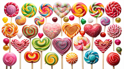 A collection of colorful, assorted lollipops in various shapes and sizes, isolated on a transparent background