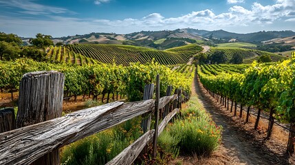 Beautiful vineyard rows with rustic wooden fence in foreground and wide open sky providing blank space for text. Serene rural landscape and wine country scenery.