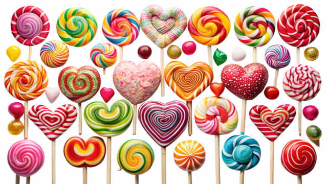 A collection of colorful, assorted lollipops in various shapes and sizes, isolated on a transparent background