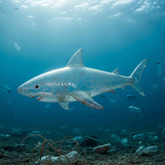 Naklejka premium Ocean plastic pollution. Shark made of plastic bottles swims in a sea full of plastic waste. Environmental problem.