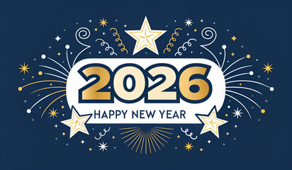 Naklejka premium A festive digital graphic featuring the year 2026 in large, bold, yellow text, surrounded by colorful fireworks and stars. The words Happy New Year are displayed in smaller text below the year, all se