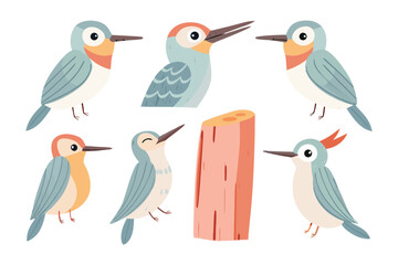 Diverse Woodpeckers Collection: A cheerful illustration showcasing a variety of adorable woodpeckers, each with distinct features and characteristics. Perfect for educational materials.