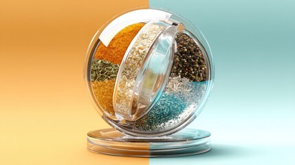 3D Render of a Transparent Spice Rack with Various Colorful Spices