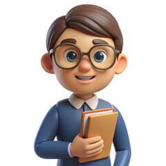 Friendly cartoon boy wearing glasses holding a book isolated on transparent background