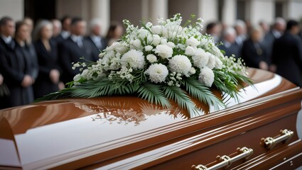 Dignified Farewell: Elegant Casket with White Floral Arrangement at a Solemn Funeral

