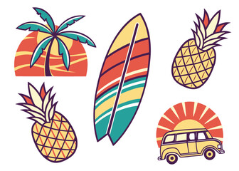 Colorful Retro Tropical Summer Icons Collection: Surfboard, Pineapple, Palm Trees Beach Scene, and Vintage Van for Vacation and Travel Designs