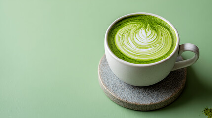 Matcha latte art shines in white cup against sage green background. Use for food blogs, drink promotions, design projects.