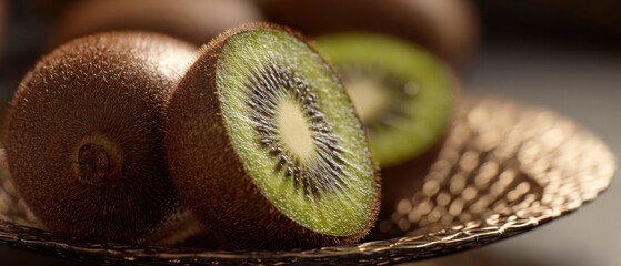 Close up of a Fresh Kiwi Fruit, Cut in Half, on a Golden Plate