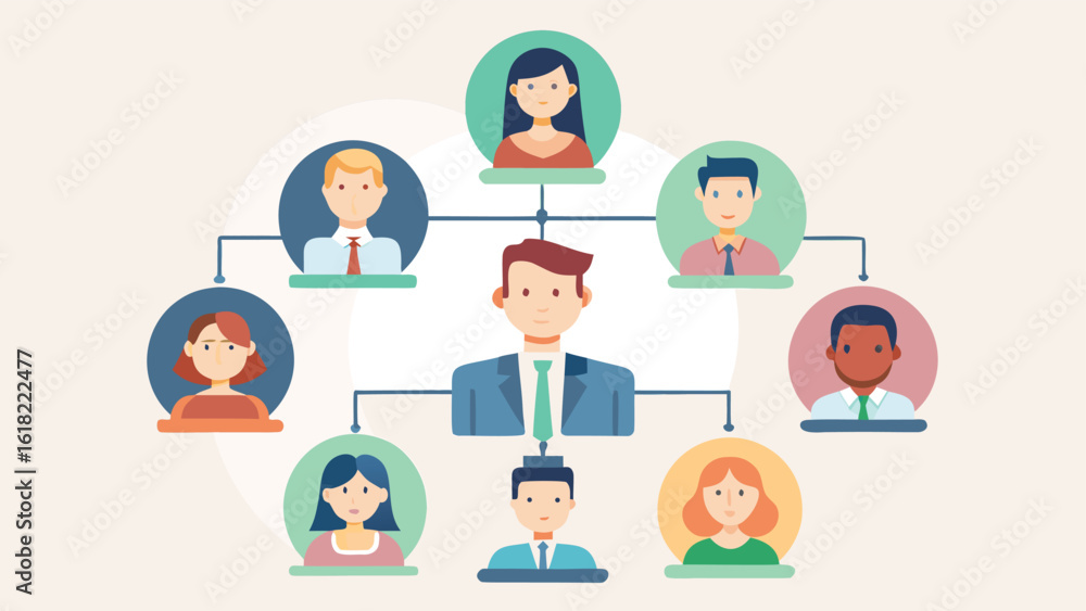 Poster hierarchical structure organization chart showing team members and leadership in flat vector style i