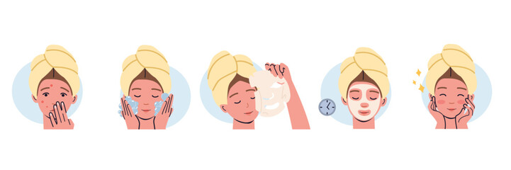 Facial mask sheet applying. Girl shows steps how to cleaning, prepare face and use cosmetic mask for acne. Info-graphic in flat style of beauty procedures