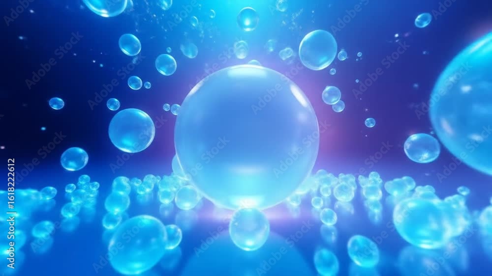 Poster abstract blue bubbles floating and reflecting in seamless motion background