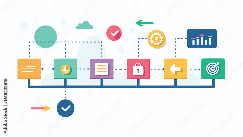 Poster illustration of colorful business process flowchart representing various stages and a step by step g
