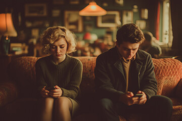 Young couple sitting apart on a couch using phones in dim light  