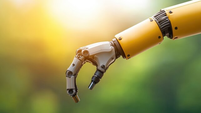 A robotic arm is poised in a natural setting, symbolizing advanced technology and automation, This image can be used for projects related to robotics, innovation, and industry advancements,