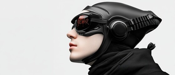 A futuristic figure wearing sleek black goggles and a helmet, exuding a high-tech, cybernetic vibe, Ideal for themes related to technology, innovation, virtual reality, and futuristic concepts,