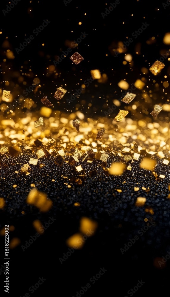 Canvas Prints golden confetti falling on a pitch black background, creating luxurious and festive patterns.
