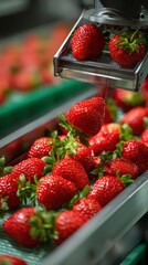 Fresh, Ripe Strawberries on a Conveyor Belt in Food Processing Plant