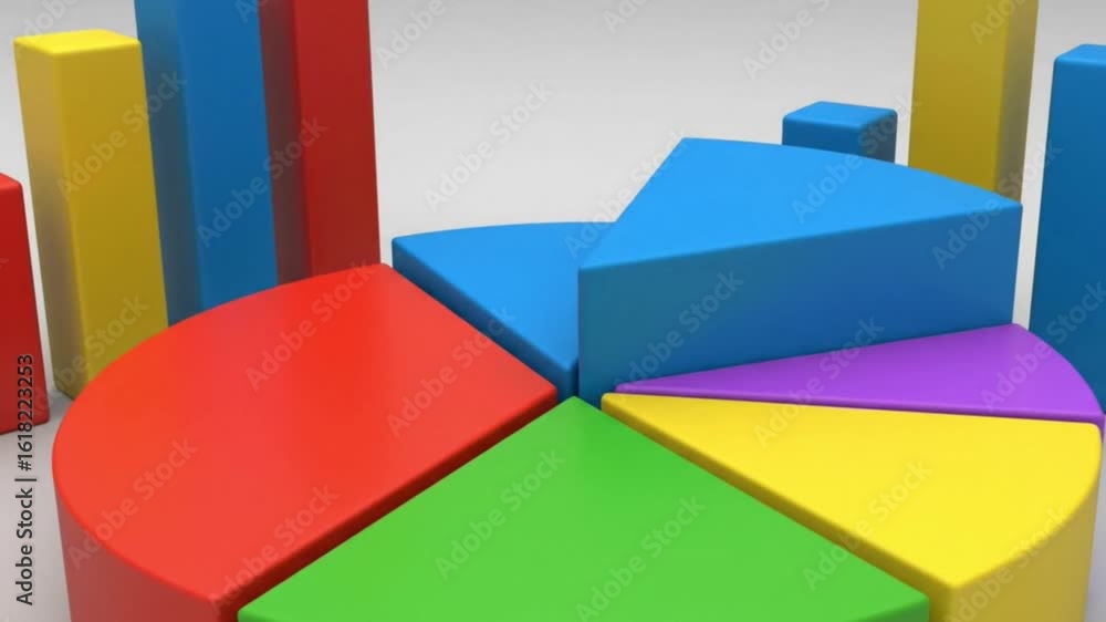 Poster multicolor pie chart with bar graph elements stands against a white backdrop