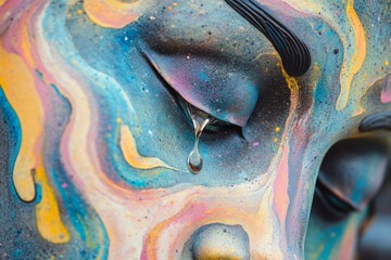 Surreal abstract face with vibrant colors and metallic tear