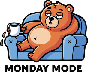 A tired cartoon bear in Monday mode slouches in a blue armchair while spilling a cup of coffee.