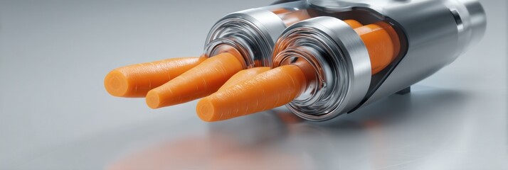 3D Render of Three Fresh Carrots in a Modern Metal Slicing Machine