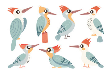 Collection of Playful Woodpeckers: A delightful collection of playful woodpeckers, each with its unique personality, showcased in an artistic display with vibrant colors.