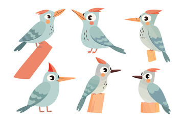 Playful Avian Portraits: A captivating collection of illustrated birds showcases unique character on their perches.