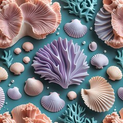 Ocean's Elegant Composition: An artistic arrangement of seashells, corals, and ocean elements, presented in a soft pastel palette against a calming teal backdrop.