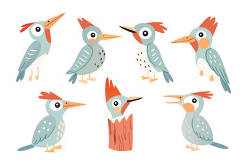 Obraz premium Whimsical Woodpecker Ensemble: A charming assortment of seven illustrated woodpeckers showcases a variety of poses and expressions, each with vibrant colors and playful detail. 