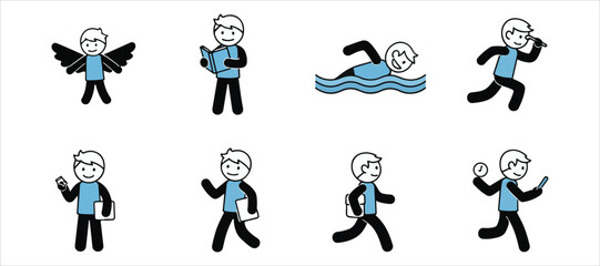 A vibrant stick figure man who's young and active, depicted in various poses like flying, swimming, reading, standing, walking, running, riding, sleeping, sitting, and writing in a vector style.