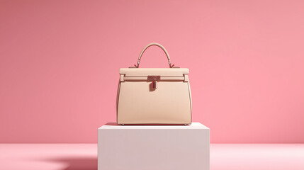 Handbag on Display: A beige designer purse sits on a pedestal against a pink backdrop. Ideal for fashion marketing, web design, and editorial use.