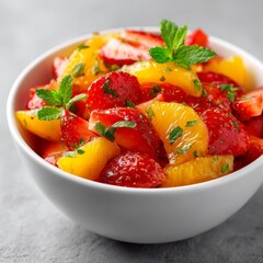 Refreshing Summer Fruit Salad with Sliced Strawberries, Tangerines, and Fresh Green Mint Leaves