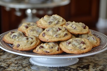 Deliciously Stacked Chocolate Chip Cookies on a Beautiful Footed Plate for Holiday Baking and Treats
