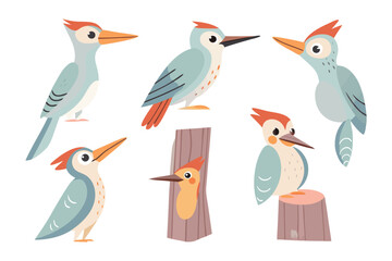 Whimsical Woodpeckers: A vibrant collection of cartoon woodpeckers each with a distinct design, set against a clean, bright, and visually captivating scene.