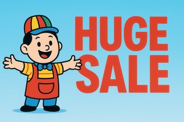 A cheerful cartoon character in a colorful outfit enthusiastically gestures beside bold red text reading "Huge Sale" on a blue background, suitable for promotional use.