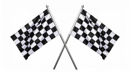 Fototapeta premium Crossed checkered race flags on gold-tipped wooden poles, classic motorsport victory symbol on neutral background